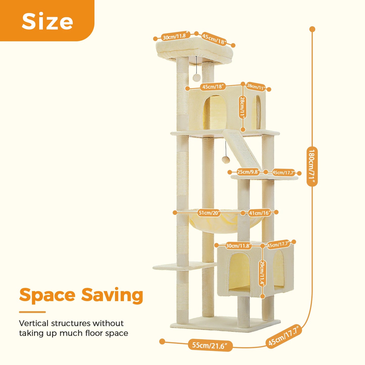 180cm Large Cat Tree Tower with Hammock – Wall Cat hammock Furniture