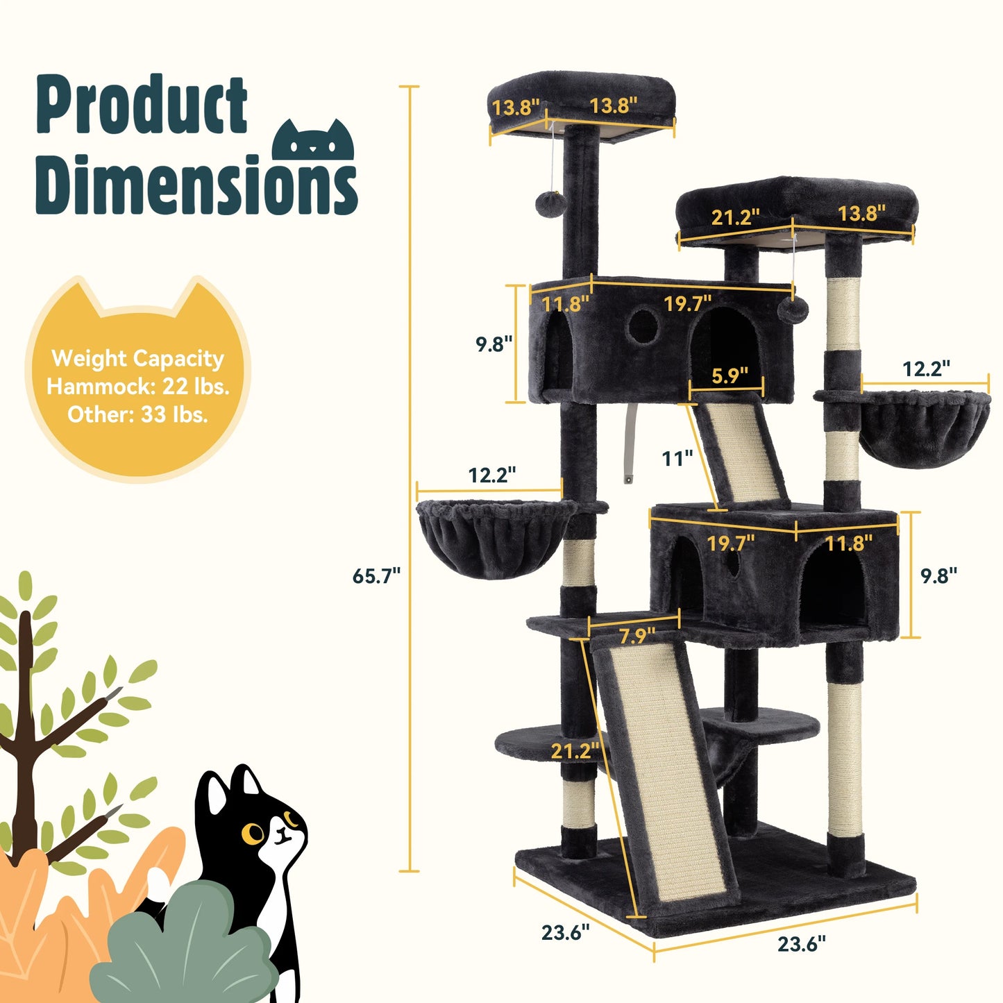 65 inch Cat Tree Tower with Cat Scratcher Hammock & Sisal Posts