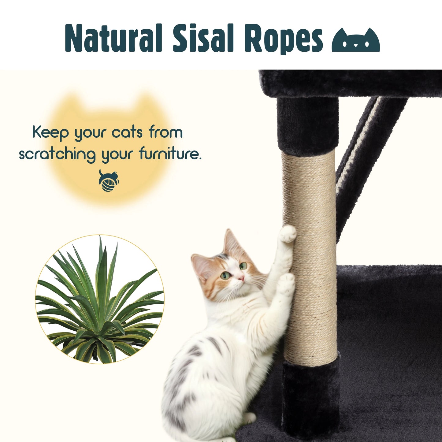 65 inch Cat Tree Tower with Cat Scratcher Hammock & Sisal Posts