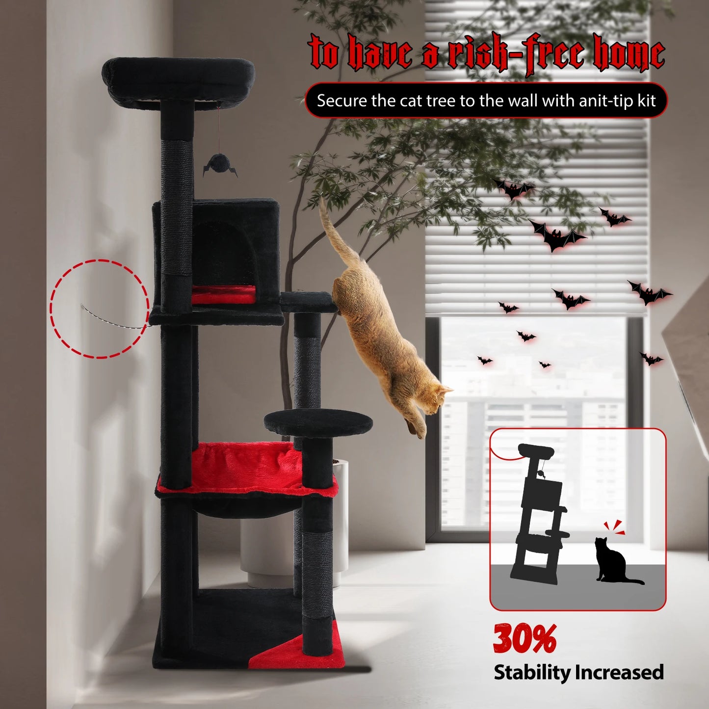 Gothic Cat Tree for Indoor Cats | Tall Cat Tower with Hammock & Scratch Posts