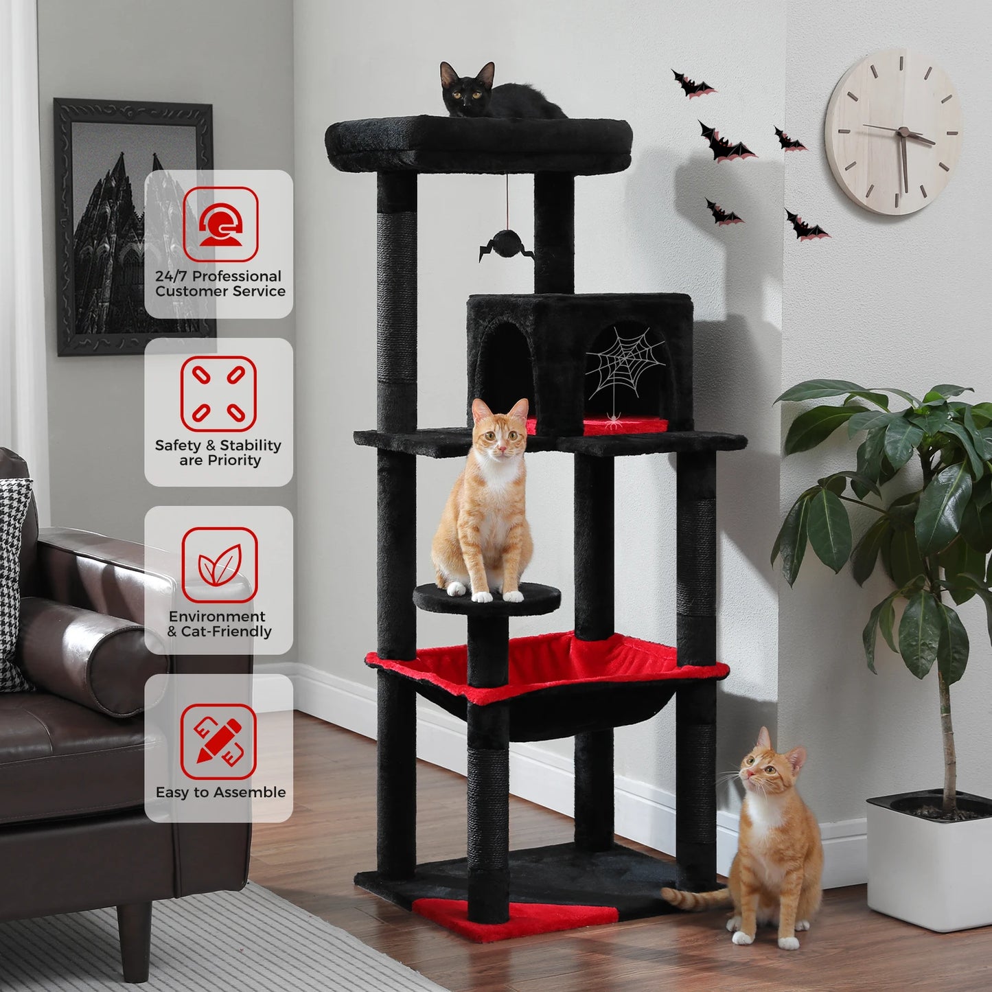 Gothic Cat Tree for Indoor Cats | Tall Cat Tower with Hammock & Scratch Posts