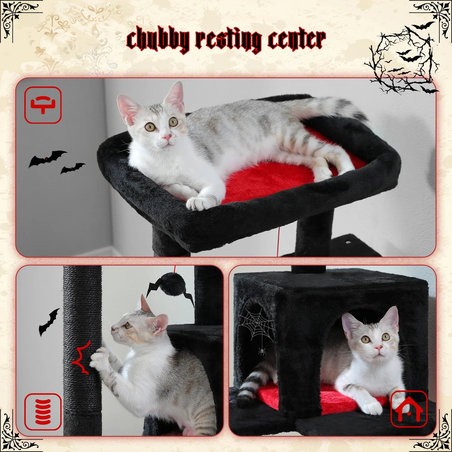 Gothic Cat Tree for Indoor Cats | Tall Cat Tower with Hammock & Scratch Posts