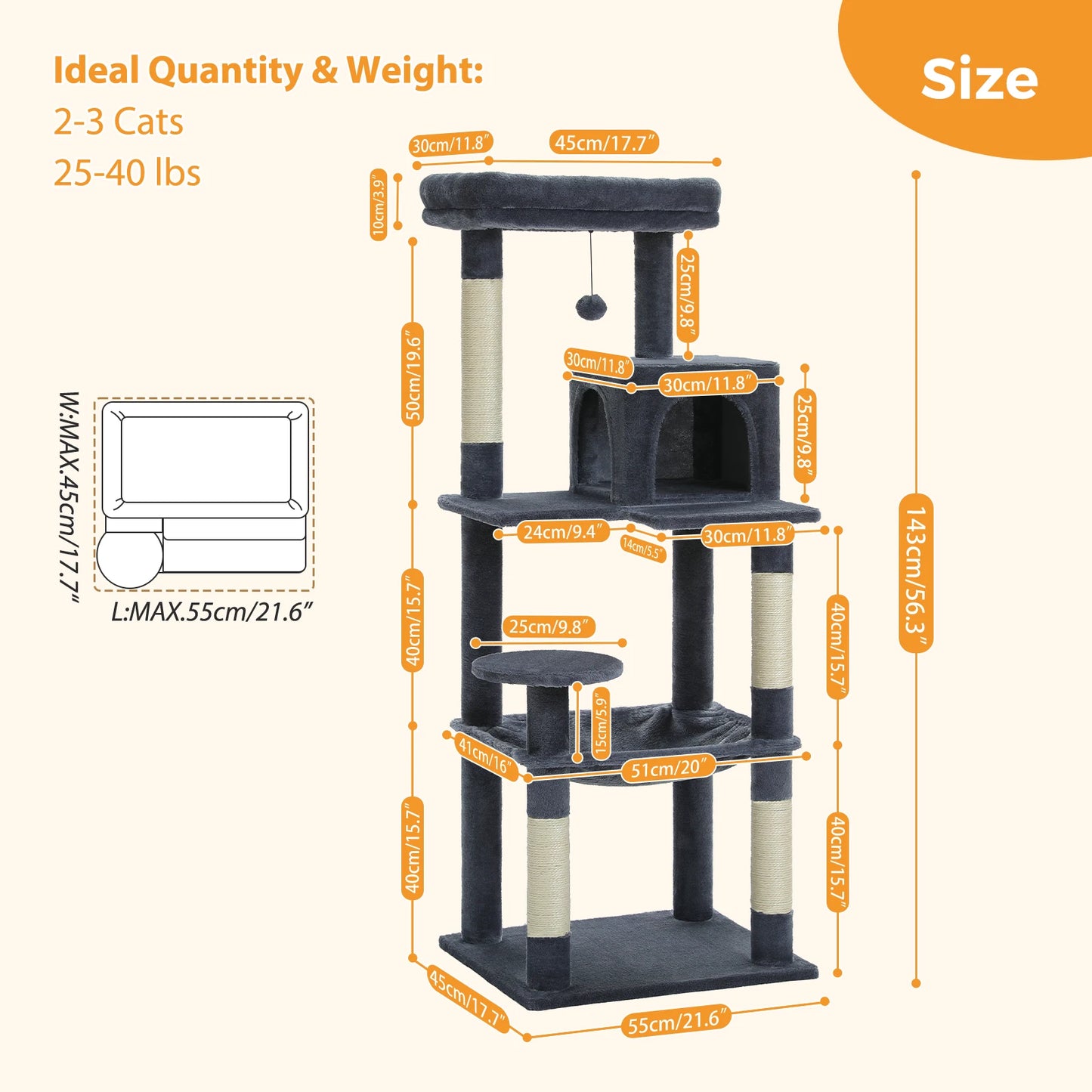 Cat Tree with Cat Scratcher Hammock & Large Sisal Posts