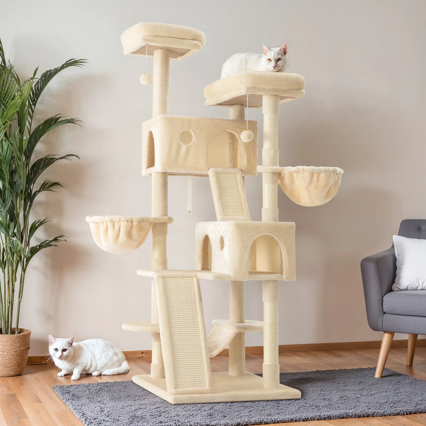 65 inch Cat Tree Tower with Cat Scratcher Hammock & Sisal Posts