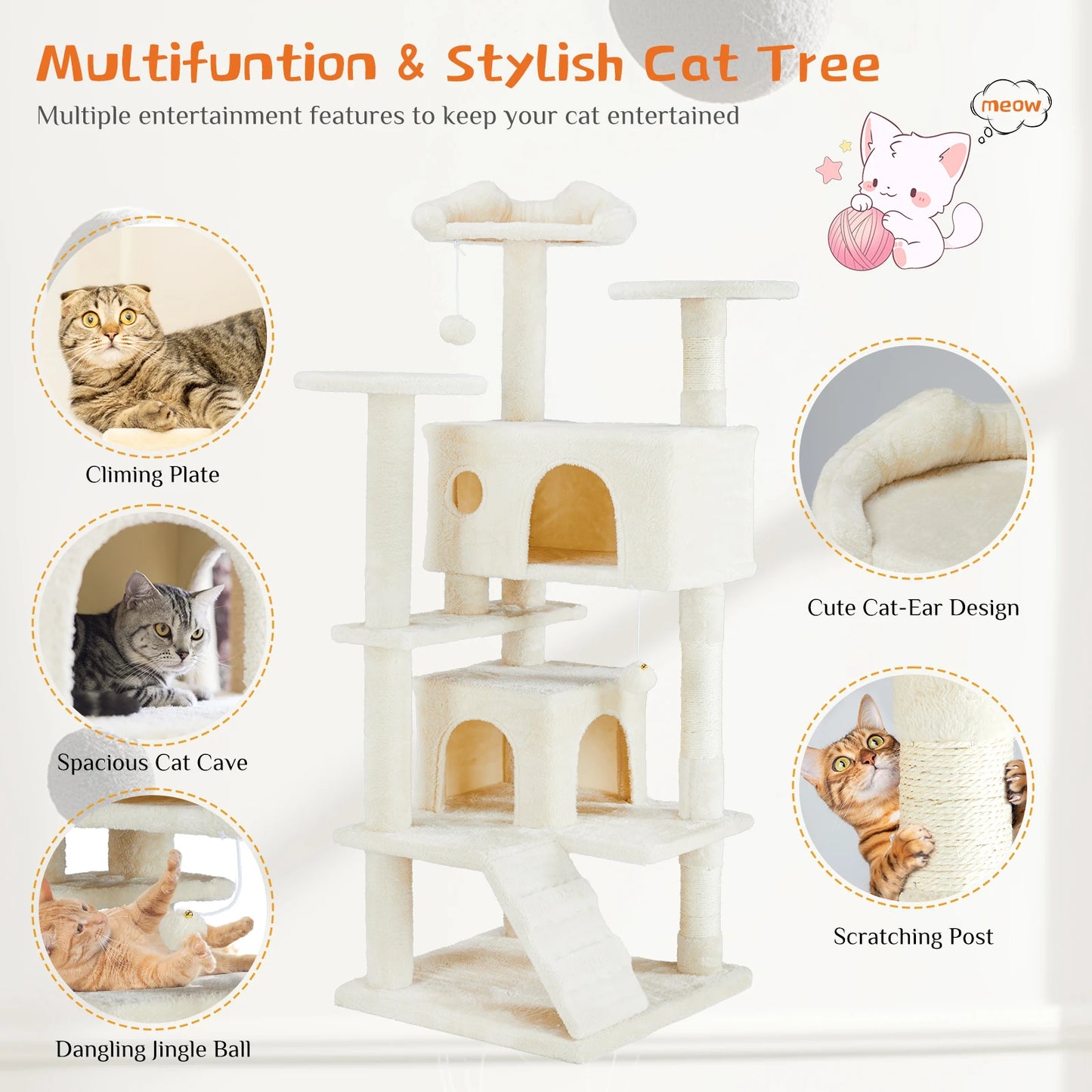 54in Cat Tree with Hammock – Multi-Level Cat Hammock Tower & Scratcher