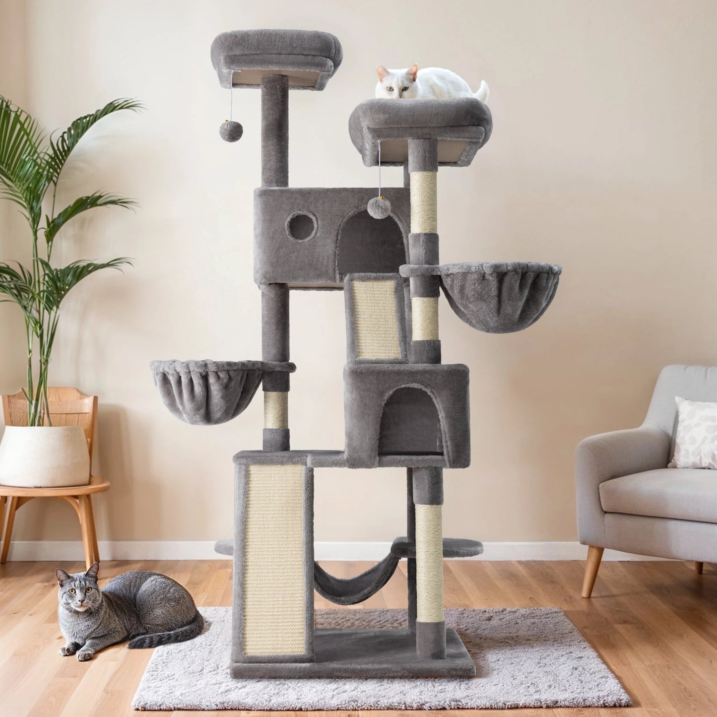 65 inch Cat Tree Tower with Cat Scratcher Hammock & Sisal Posts