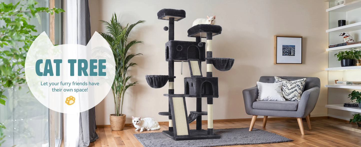 65 inch Cat Tree Tower with Cat Scratcher Hammock & Sisal Posts