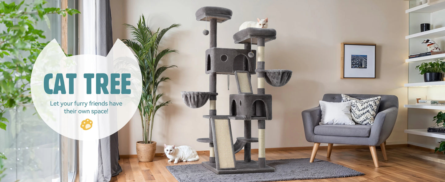 65 inch Cat Tree Tower with Cat Scratcher Hammock & Sisal Posts