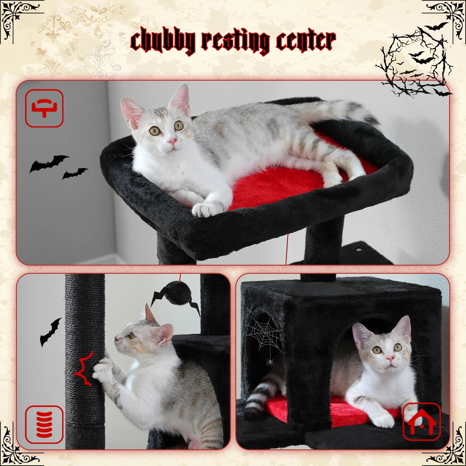 Gothic Cat Tree for Indoor Cats | Tall Cat Tower with Hammock & Scratch Posts