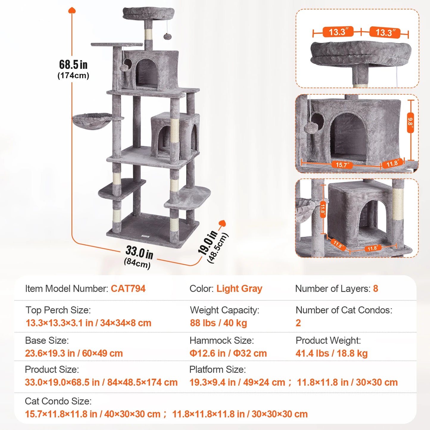 45.2" Cat Tree with Hammock & Scratching Posts