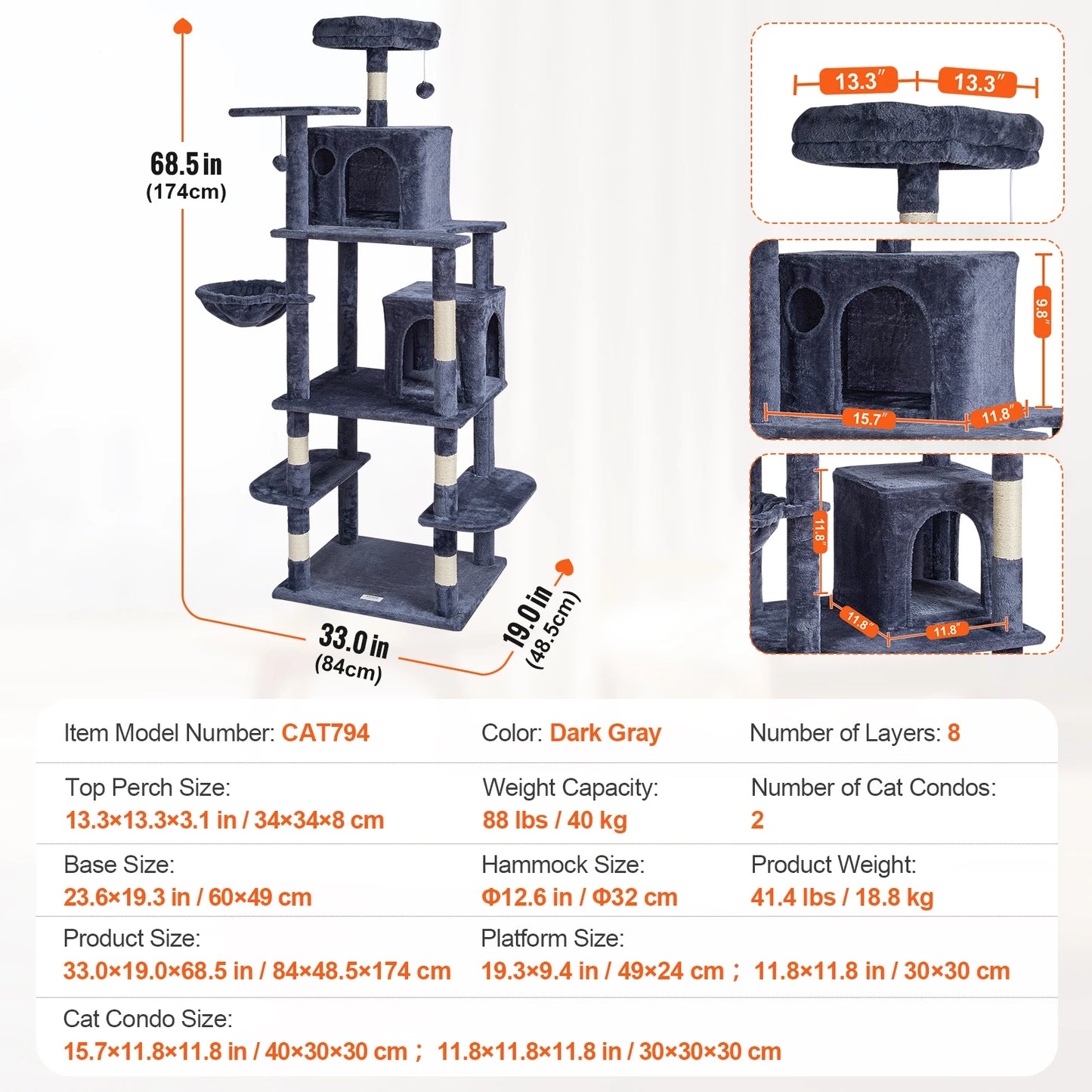 45.2" Cat Tree with Hammock & Scratching Posts