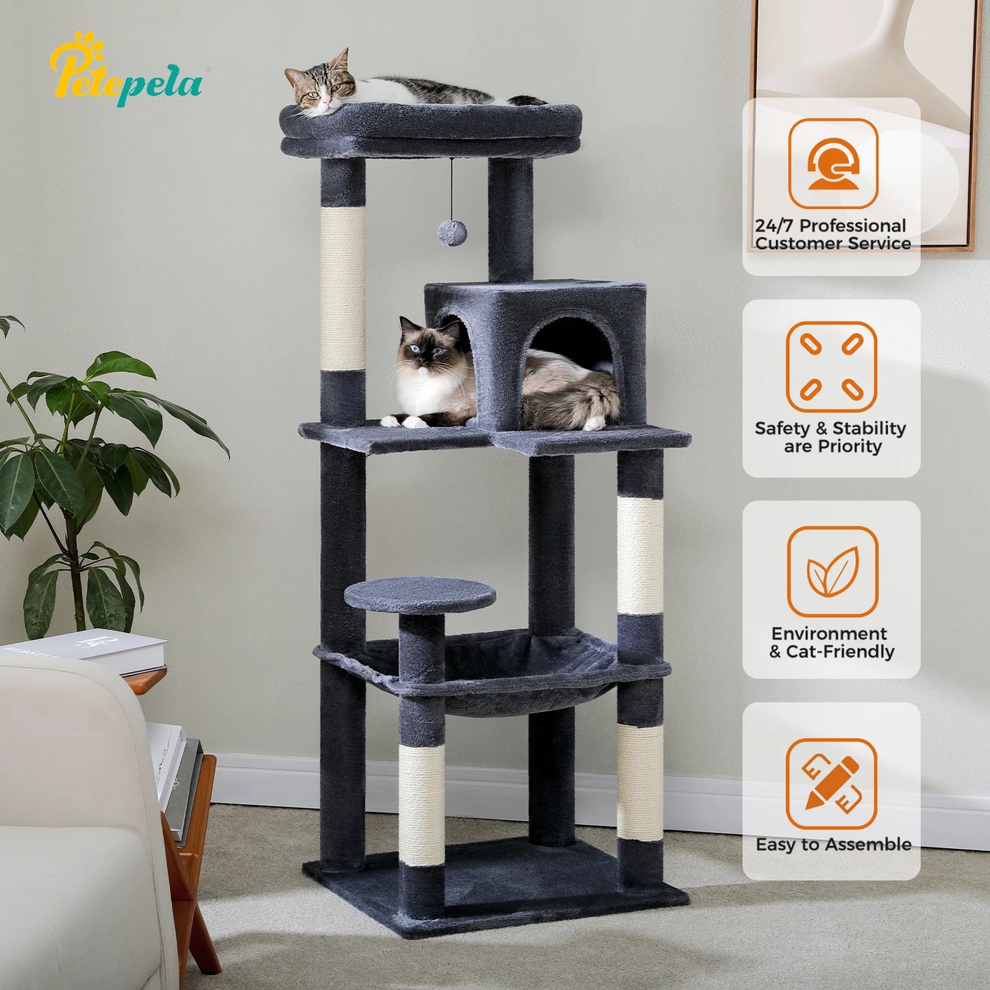 Cat Tree with Cat Scratcher Hammock & Large Sisal Posts